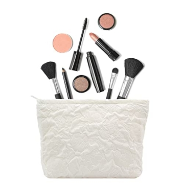 PAZIMIIK Makeup Bags for Purse Zipper Cosmetic Pouch Large Travel Canvas Make Up Organizer Tool Pouch for Women and Girls,Flower Ivory