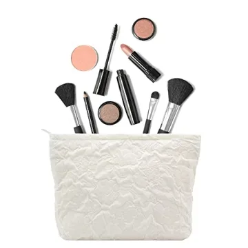 PAZIMIIK Makeup Bags for Purse Zipper Cosmetic Pouch Large Travel Canvas Make Up Organizer Tool Pouch for Women and Girls,Flower Ivory