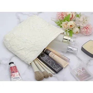 PAZIMIIK Makeup Bags for Purse Zipper Cosmetic Pouch Large Travel Canvas Make Up Organizer Tool Pouch for Women and Girls,Flower Ivory