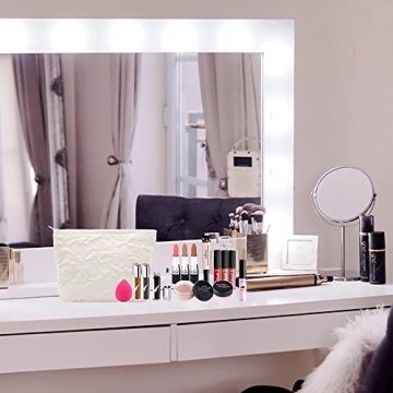 PAZIMIIK Makeup Bags for Purse Zipper Cosmetic Pouch Large Travel Canvas Make Up Organizer Tool Pouch for Women and Girls,Flower Ivory