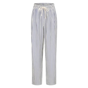 XIBAOBAO Women's Blue White Striped Seersucker Pants Pinstripe High Waist Drawstring Lounge Pants Be...
