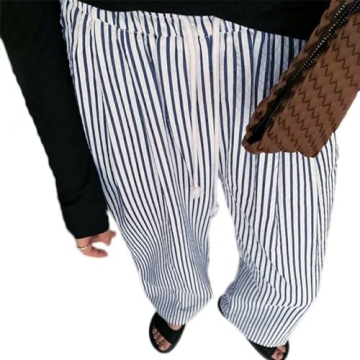 XIBAOBAO Women's Blue White Striped Seersucker Pants Pinstripe High Waist Drawstring Lounge Pants Beach Lightweight Palazzo Trousers XL