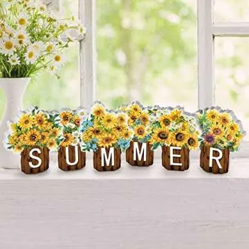 Maitys 6 Pcs Sunflower Summer Table Decor - Charming Wooden Block Signs for Home