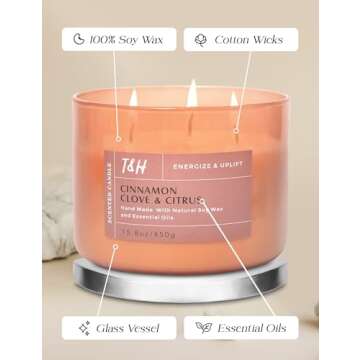 Cinnamon Clove Citrus Scented Candle | Large 3 Wick Fall Candle | Aromatherapy Stress Relief Candle for Fall Home Relaxation 15.8 oz, Warm Winter Cinnamon Candle | Natural Soy Candle for Women & Men