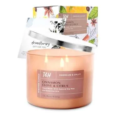 Cinnamon Clove Citrus Scented Candle | Large 3 Wick Fall Candle | Aromatherapy Stress Relief Candle for Fall Home Relaxation 15.8 oz, Warm Winter Cinnamon Candle | Natural Soy Candle for Women & Men
