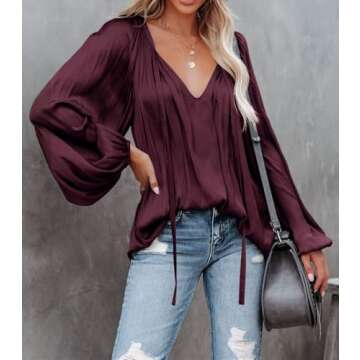 LAMISSCHE Womens Sexy Deep V Neck Blouse with Drawstring Long Sleeve Chiffon Tunic