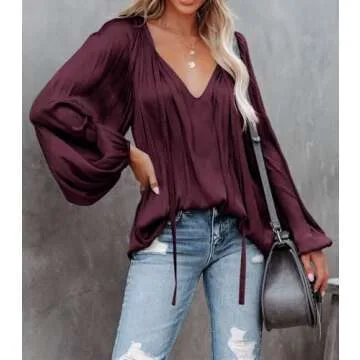 LAMISSCHE Womens Sexy Deep V Neck Blouse with Drawstring Long Sleeve Chiffon Tunic