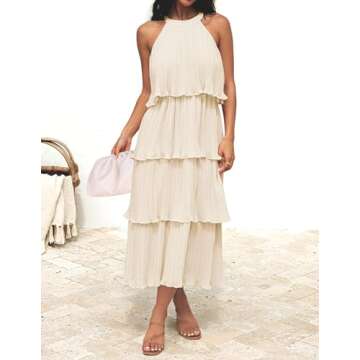 ZESICA Women's 2025 Summer Sleeveless Halter Neck Ruffle Tiered Layed Chiffon Flowy Swing Long Midi Dress,Apricot,Large