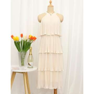 ZESICA Women's 2025 Summer Sleeveless Halter Neck Ruffle Tiered Layed Chiffon Flowy Swing Long Midi Dress,Apricot,Large
