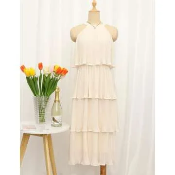 ZESICA Women's 2025 Summer Sleeveless Halter Neck Ruffle Tiered Layed Chiffon Flowy Swing Long Midi Dress,Apricot,Large