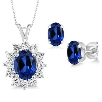 Gem Stone King 8X6MM and 6X4MM Oval Gemstone Birthstone Pendant and Earrings Jewelry Set For Women | 925 Sterling Silver | Fine Jewelry Gifts for Her Mom Women Wife | With 18 Inch Chain