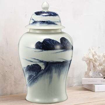 Benzara BM180954 Ceramic Windswept Ginger Jar White & Blue