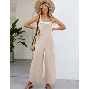 Flygo Women's Cotton Bib Overalls Loose Fit Wide Leg Jumpsuits Casual Rompers with Pockets(Khaki-XL)