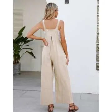 Flygo Women's Cotton Bib Overalls Loose Fit Wide Leg Jumpsuits Casual Rompers with Pockets(Khaki-XL)