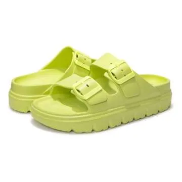 FUNKYMONKEY EVA Slides for Women Thick-sole Adjustable Double Buckle Waterproof Platform Sandals (8 M US, Lemon Green/HDSPK)