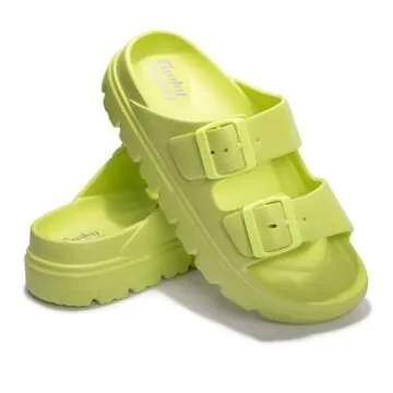 FUNKYMONKEY EVA Slides for Women Thick-sole Adjustable Double Buckle Waterproof Platform Sandals (8 M US, Lemon Green/HDSPK)