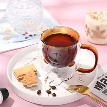 Cute Bear Tea Cup Double Wall Glass Milk Coffee Bear Mug with Handle Insulated Espresso christmas Beer Cup Cute Birthday gift for Women Men Valentine's Day, 250 ml/ 8.4 oz (Brown, 1 Piece)