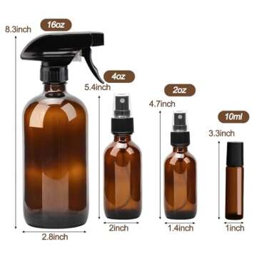 Loretoy Glass Spray Bottle Kit×10 (2×16oz, 2×4oz, 6×2oz), 9×10ml Roller Bottles, Anti UV, Multi Size and Versatile, Suitable for Aromatherapy, Facial Moisturizing, Watering, etc.(Amber)