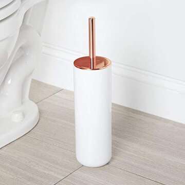 mDesign Compact Freestanding Plastic Toilet Bowl Brush and Holder for Bathroom Storage - Plastic and Stainless Steel - Sturdy, Deep Cleaning - White/Rose Gold