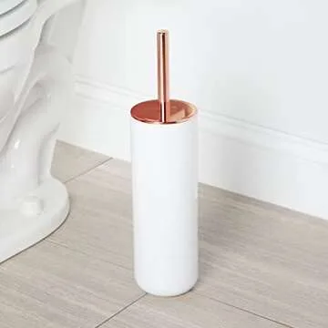 mDesign Compact Freestanding Plastic Toilet Bowl Brush and Holder for Bathroom Storage - Plastic and Stainless Steel - Sturdy, Deep Cleaning - White/Rose Gold
