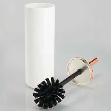 mDesign Compact Freestanding Plastic Toilet Bowl Brush and Holder for Bathroom Storage - Plastic and Stainless Steel - Sturdy, Deep Cleaning - White/Rose Gold