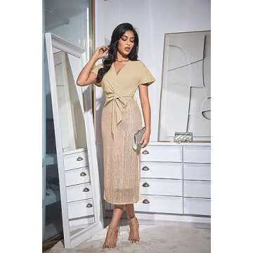 GRACE KARIN Women's Sequin Bodycon Dress V Neck Ruffle Wedding Guest Elegant Midi Dress with Belted High Waist L Gold