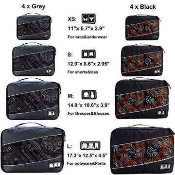 8 Set Packing Cubes, Travel Luggage Bags Organizers Mixed Color Set (Black Grey)