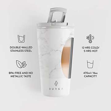 BURGA Travel Coffee Mug (16oz) – Spill-Proof, Secure-Seal Insulated Coffee Mug – Scratch-Resistant, Stainless Steel Travel Mug Stays Hot or Cold – Anti-Slip Coffee Tumbler – White Marble Travel Mug