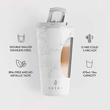 BURGA Travel Coffee Mug (16oz) – Spill-Proof, Secure-Seal Insulated Coffee Mug – Scratch-Resistant, Stainless Steel Travel Mug Stays Hot or Cold – Anti-Slip Coffee Tumbler – White Marble Travel Mug