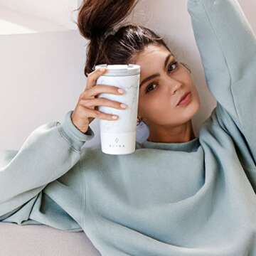 BURGA Travel Coffee Mug (16oz) – Spill-Proof, Secure-Seal Insulated Coffee Mug – Scratch-Resistant, Stainless Steel Travel Mug Stays Hot or Cold – Anti-Slip Coffee Tumbler – White Marble Travel Mug