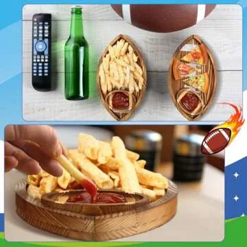 Menkxi 3 Set Football Shaped Wooden Serving Tray and Bowl, 11.02 Inch Football Serving Tray Reusable Football Platter with Chip and Dip Tray for Football Birthday Gameday Tailgate Party Decorations