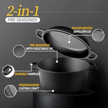 EDGING CASTING 2-in-1 Pre-Seasoned Cast Iron Dutch Oven Pot with Skillet Lid Cooking Pan, Cast Iron ...