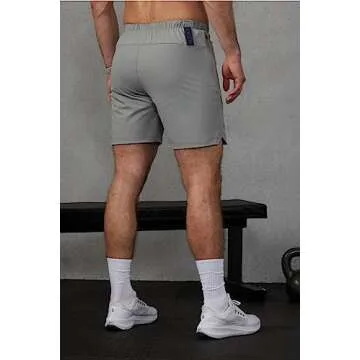 Fabletics Men's The One Short (Lined), Training, Swimming, Lightweight, Quick-Dry, Zip Pocket, Stretch Woven, 5" Inseam, L, Shadow Grey