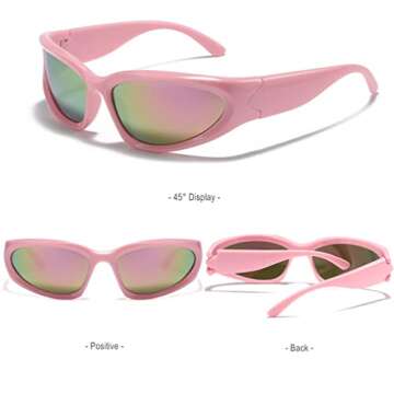 BAWUYI Y2K Wrap Around Sunglasses for Men Women 2000s Accessories Cyber Glasses Sports Biker Shades Shield (Pink Frame - Mirror Pink Lens)