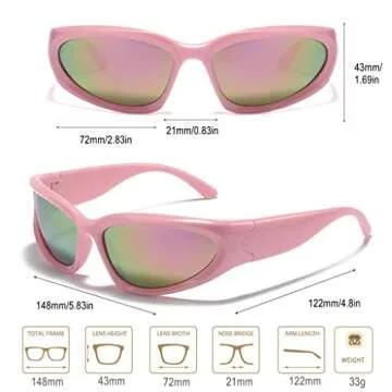 BAWUYI Y2K Wrap Around Sunglasses for Men Women 2000s Accessories Cyber Glasses Sports Biker Shades Shield (Pink Frame - Mirror Pink Lens)