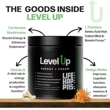 Life Happns Level Up Energy and Focus Supplement with Lion's Mane, Ginkgo Biloba, 90 Capsules