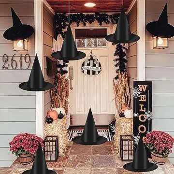 12 Black Witch Hats & 16 3D Bats for Halloween Decor