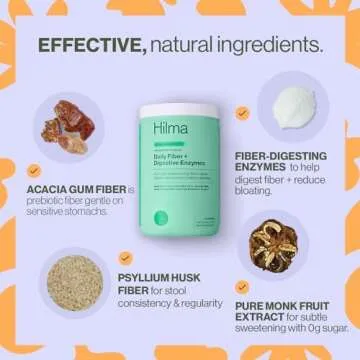 Hilma Daily Fiber and Digestive Enzymes, Fiber Supplement Powder with Prebiotics and Enzymes Formulated with Psyllium Husk and Acacia, Gluten Free, Vegan, FSA Eligible, Digestive Support, 30 Servings