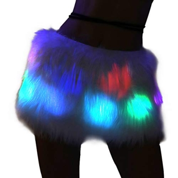 Led Fur Skirt Mini Light Up White Faux Fur Tutu Outfit with Rainbow Lights Short Unicorn Rave Costum...
