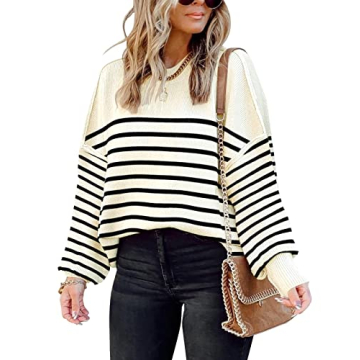 ETCYY Womens Oversized Sweaters Fall 2025 Fashion Clothes Trendy Batwing Sleeve Colorblock Striped Knit Pullover Sweater Tops(L.Stripe Apricot)
