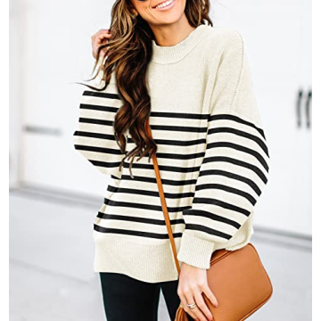 ETCYY Womens Oversized Sweaters Fall 2025 Fashion Clothes Trendy Batwing Sleeve Colorblock Striped Knit Pullover Sweater Tops(L.Stripe Apricot)