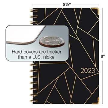 HARDCOVER 2023 Planner: (November 2022 Through December 2023) 5.5"x8" Daily Weekly Monthly Planner Yearly Agenda. Bookmark, Pocket Folder and Sticky Note Set (Black Gold Triangles)