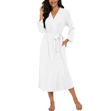 VINTATRE Women Kimono Robes Long Knit Bathrobe Lightweight Soft Knit Sleepwear V-neck Casual Ladies Loungewear White-Medium