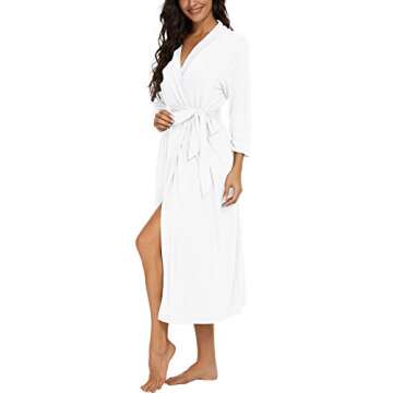 VINTATRE Women Kimono Robes Long Knit Bathrobe Lightweight Soft Knit Sleepwear V-neck Casual Ladies Loungewear White-Medium