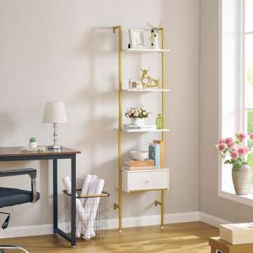 Tajsoon Ladder Shelf, Tall Bookcase with Storage Drawers, 4-Tier Wood Wall Mounted Bookshelf, Open D...