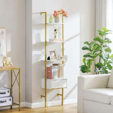 Tajsoon Ladder Shelf, Tall Bookcase with Storage Drawers, 4-Tier Wood Wall Mounted Bookshelf, Open Display Rack, Storage Shelves for Bedroom, Home Office, Collection, Plant Flower, Gold & White