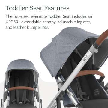 UPPAbaby Cruz V2 Stroller/Full-Featured Stroller with Travel System Capabilities/Toddler Seat, Bumper Bar, Bug Shield, Rain Shield Included/Gregory (Blue Mélange/Silver Frame/Saddle Leather)