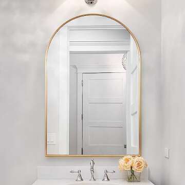 HOWOFURN 24*36" Arched Wall Mounted Mirror, Wall Decor, w/ Metal Frame for Bathroom, Bedroom, Entryway, Modern & Contemporary Arch Top Wall Mirror - Gold