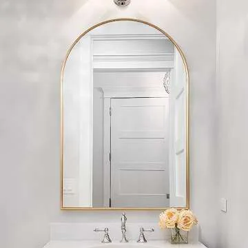 HOWOFURN 24*36" Arched Wall Mounted Mirror, Wall Decor, w/ Metal Frame for Bathroom, Bedroom, Entryway, Modern & Contemporary Arch Top Wall Mirror - Gold
