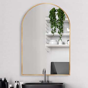 HOWOFURN 24*36" Arched Wall Mounted Mirror, Wall Decor, w/ Metal Frame for Bathroom, Bedroom, Entryway, Modern & Contemporary Arch Top Wall Mirror - Gold